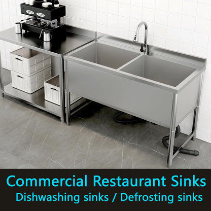 47" Stainless Steel Commercial Sink 2 Bowl Freestanding Kitchen Sink with Pull-out Faucet, Large Utility Sink for Kitchen, Dishwashing, Thawing, Laundry Room, Garage, Outdoor, Total Capacity 50 Gallon