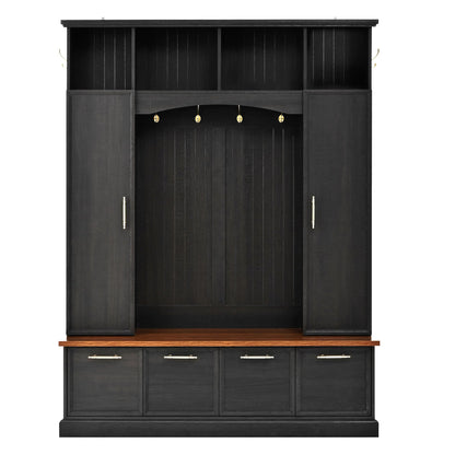 Merax 59" Farmhouse Hall Tree with Golden Hooks & Walnut Bench, Entryway Organizer with Adjustable Shelves, Shoe Storage, Anti-Tip for Mudroom, Living Room, Black