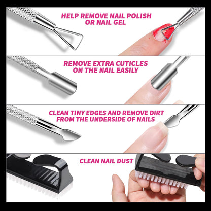 FANDAMEI Nail Polish Gel Remover Tools Kit with Nail Clips, 100ml Nail Polish Remover Bottle, 500 Nail Remover Cotton Pad, Nail Brush, Cuticle Pusher/Peeler, 100/180 Nail File,Buffer Block