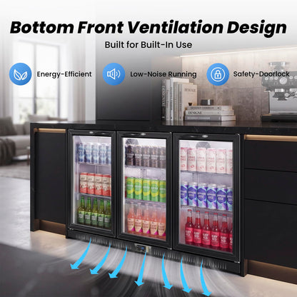 53.15" W Commercial Under Counter Beverage Refrigerator, 3 Glass Door Back Bar Cooler, Built-in/Freestanding 12Cuft Drink Fridge with LED Light, Auto Defrost, Low-E Glass & Safety Lock, Rebound door