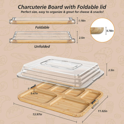 Charcuterie Boards with Foldable Lid, Portable Bamboo Cheese Board with 6 Compartments, Clear Locking Lid and Handle, Easy to Store, Suitable for Picnics, Camping, Parties & Housewarming Gifts