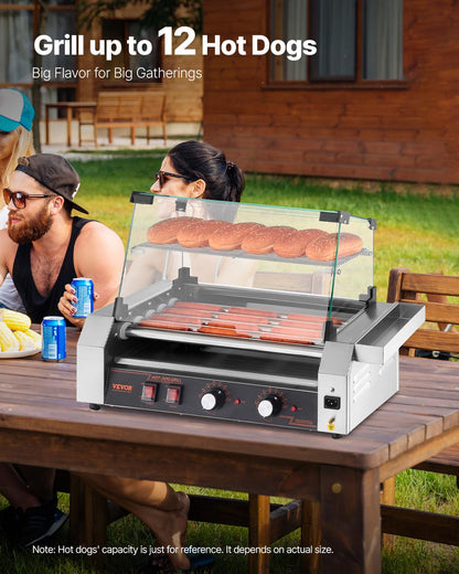 VEVOR Hot Dog Roller, 12 Hot Dog 5 Rollers, Stainless Steel Sausage Grill Cooker, 750W Commercial Hot Dog Machine with Dual Temp Control, Cover, Side Storage Box, Removable Shelf & Oil Drip Tray