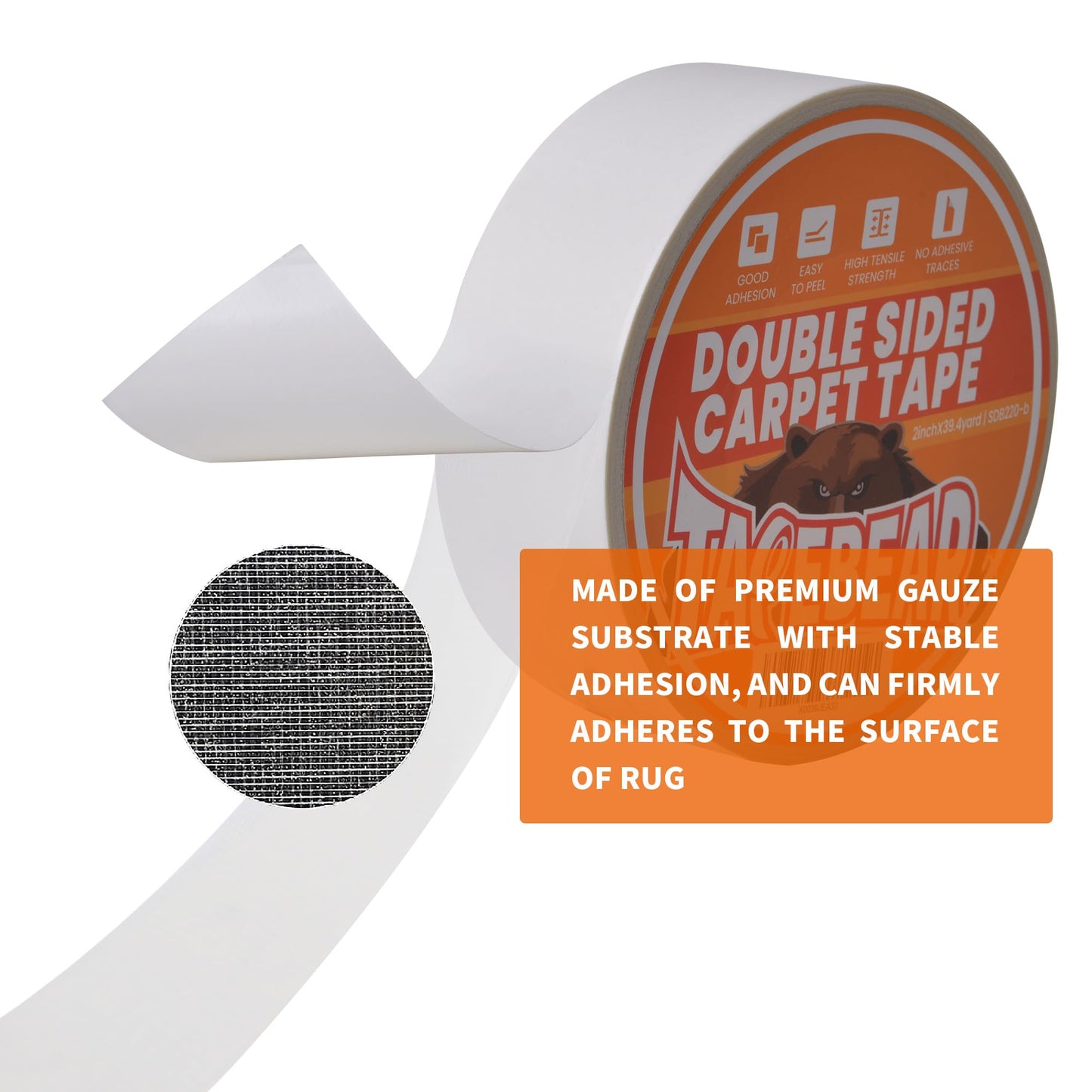 TAPEBEAR Heavy-Duty Double Side Carpet Tape 2inch X 40yard, Carpet Tape for Rug, Wood, Floor, Residue-Free Rug Tape, Multipurpose Gripper Non Slip Tape, White