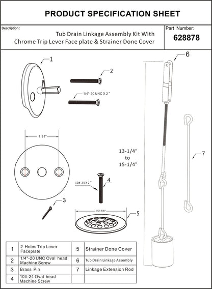 Tub Drain Linkage Assembly with Trip Lever and Strainer Done Cove, Fit for Trip Lever Bath Tub Waste and Overflow Drain by Artiwell