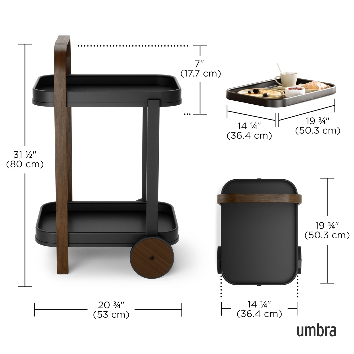 Umbra Bellwood Bar Cart, Serving Trolley, Side Table, Walnut/Black