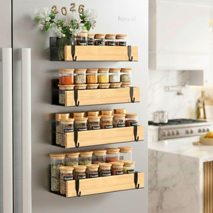 WY Family (4 Pack) Magnetic Spice Storage Rack Organizer for Refrigerator and Oven, 4 Strong Magnetic Shelf, Black Fridge Storage, Spice Rack Organizer, Metal-Bamboo