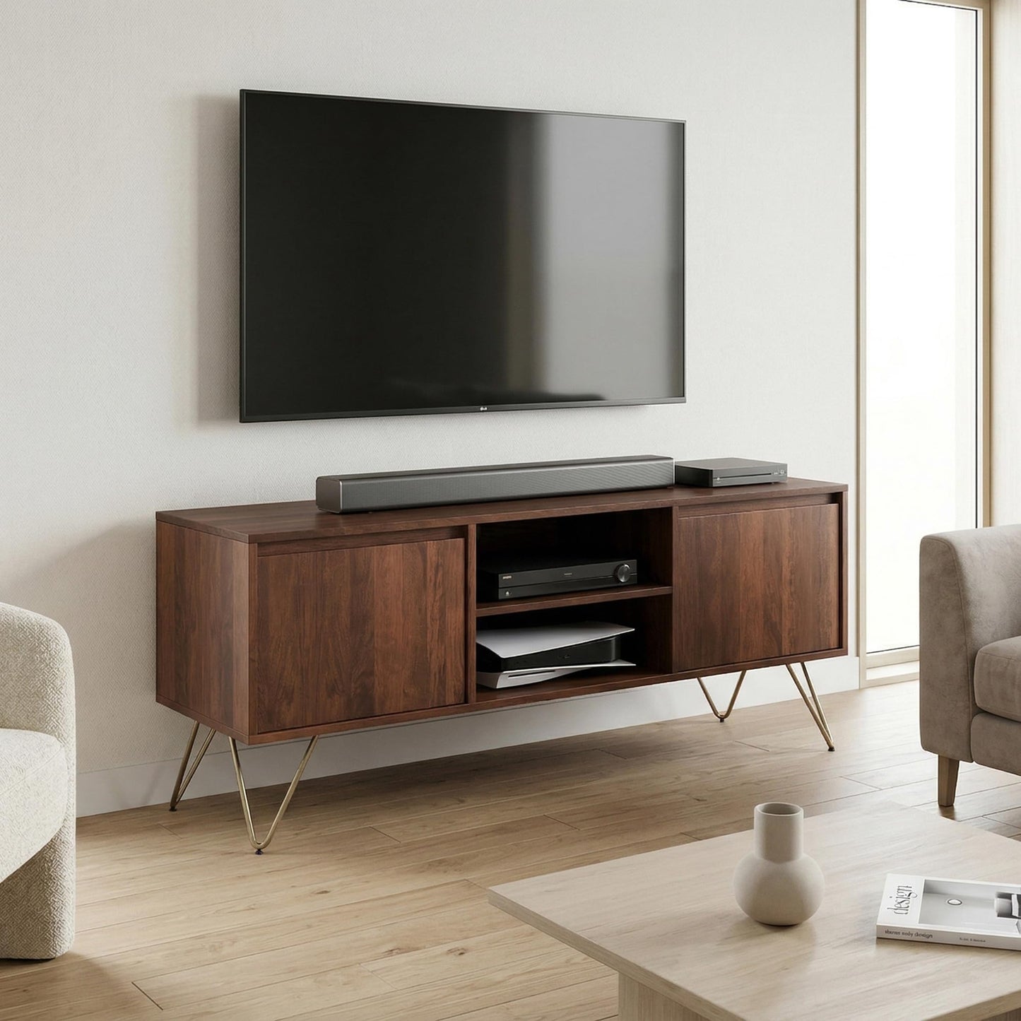 SIMPLIHOME Hunter TV Stand - 60 inch Wide Solid Mango Wood Media Console in Umber Brown and Gold, Industrial Entertainment Center for Living Room for TVs up to 65 Inches with Metal Hairpin Legs