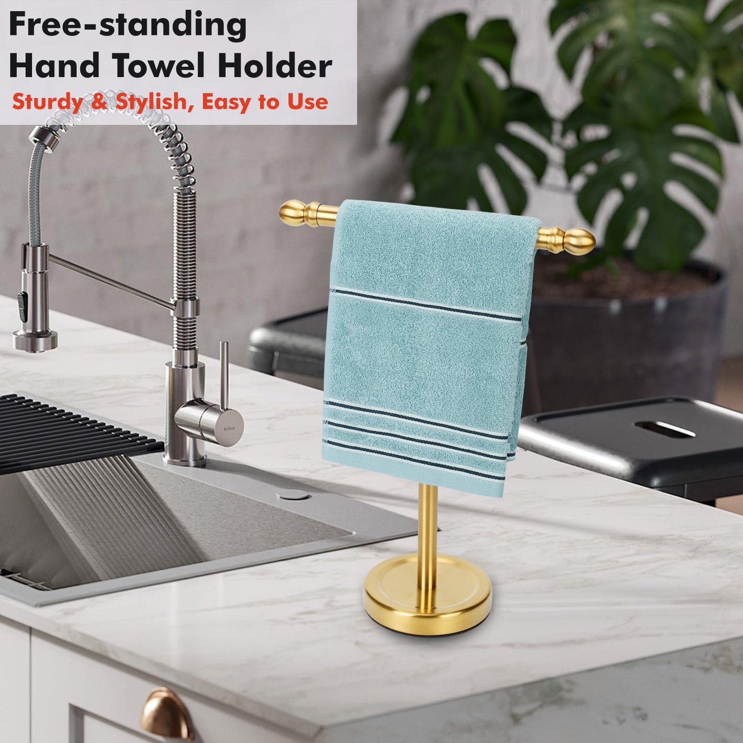 Hand Towel Holder Gold, T-Shape Hand Towel Stand for Bathroom, Stand Hand Towel Rack Free-Standing Towel Bar for Bathroom Kitchen Countertop, Stainless Steel