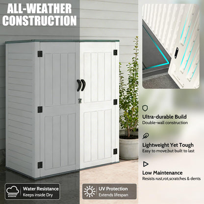EHHLY Vertical Resin Storage Shed with 2 Shelves, 60 Cuft Garden Tool Sheds & Outdoor Storage, Plastic Outdoor Storage Cabinet Waterproof, 4.5 x 2.3 ft Outside Lawn Mower Storage Shed, Light Grey
