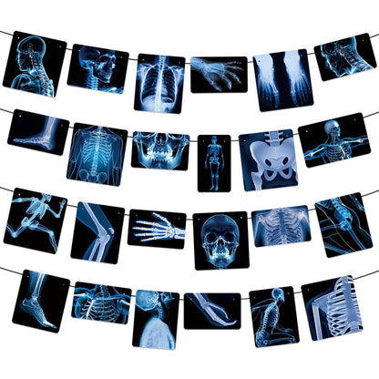 4 Strings X-Ray Skeleton Banner Decorations, Pre-Strung Medical Radiology Anatomy Garland with 24 X-Ray Body Part Images for Doctor Nurse Graduation, Halloween Party, Clinic Classroom Science Décor