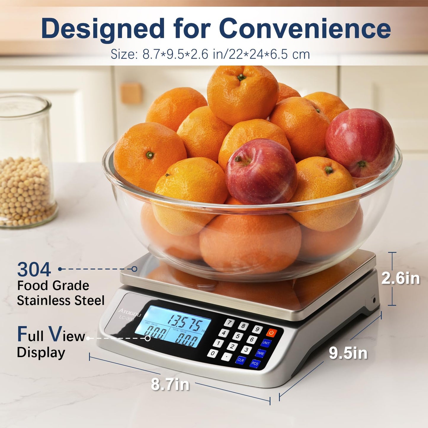 Atogou 110lb Food Scale, Commercial Kitchen Scale with Price Computing, Plug-in Usable, 0.05oz/1g, 304 Stainless Steel, for Cooking, Vegetables, Farm, Industry, Counting. LC300 Silver