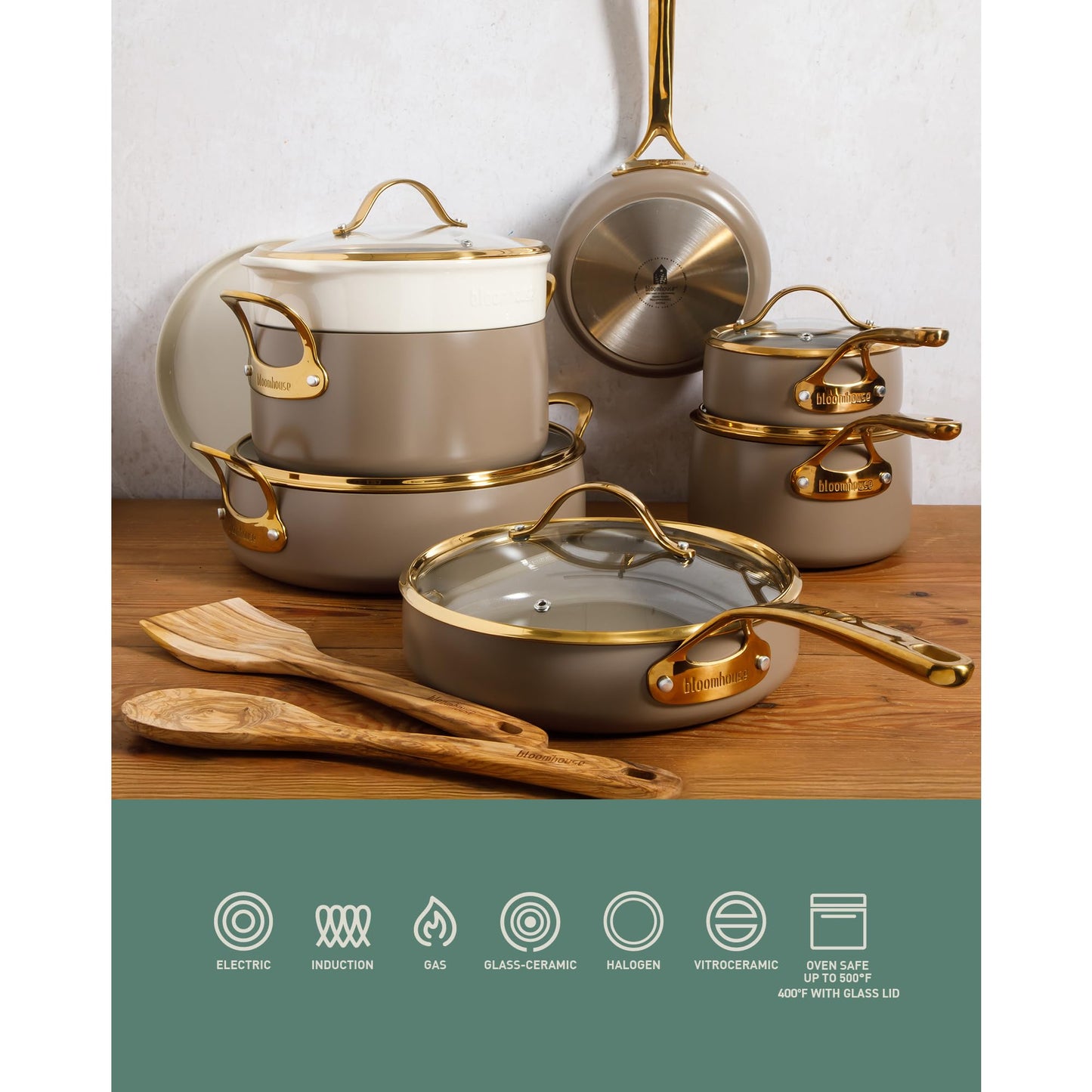 Bloomhouse - Two Time Oprah's Favorite Things Winner - 15 Piece Pots and Pans Heavy Duty Aluminum Premium PFA Free Ceramic Nonstick Dutch Oven Pot with Lid - Cappuccino Cream with Gold Handle