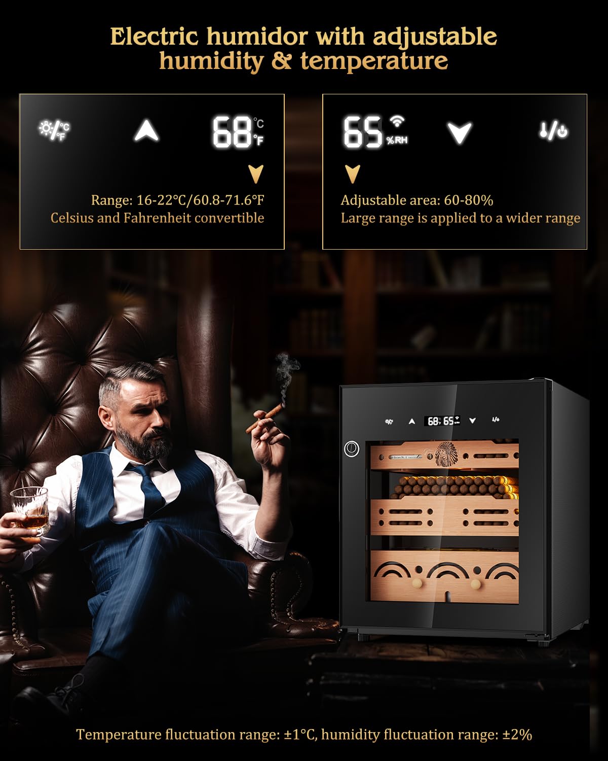 FANKAI Electric Cigar Humidor Cabinet with Temperature & Humidity Control System, 50L Cooling Cigar Fridge up to 300 Counts, Cedar Wood Shelves,Digital LED Screen,Fingerprint Safety Lock,Gift for Men
