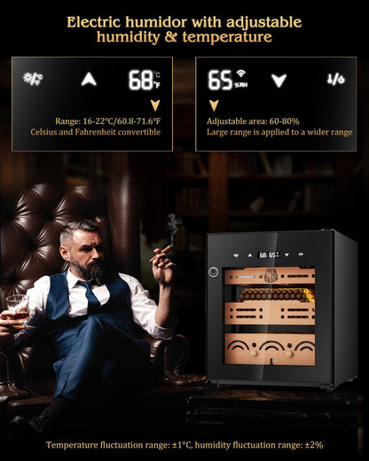 FANKAI Electric Cigar Humidor Cabinet with Temperature & Humidity Control System, 50L Cooling Cigar Fridge up to 300 Counts, Cedar Wood Shelves,Digital LED Screen,Fingerprint Safety Lock,Gift for Men
