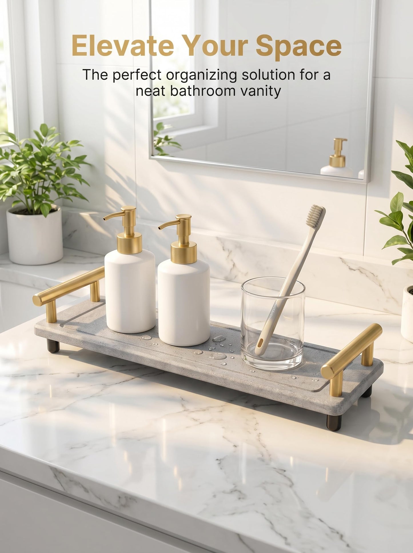 Instant Dry Sink Caddy Organizer,Diatomaceous Earth Bathroom Organizer with Handle Water Absorbing Stone Tray for Sink Water Absorbent Diatomite Coasters (S Gray Gold Handle)
