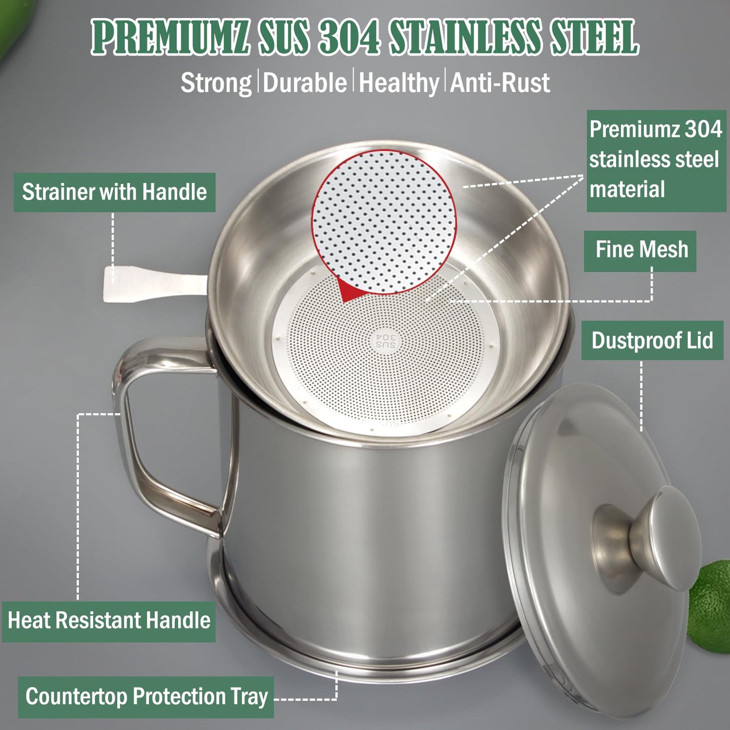 Tellshun Bacon Grease Container with Strainer 1.25 L / 42 oz Strong Kitchen Catcher Food-grade Stainless Steel Cooking Oil Keeper with Lid and Easy-Grip Handle Suitable for Storing Frying Oil