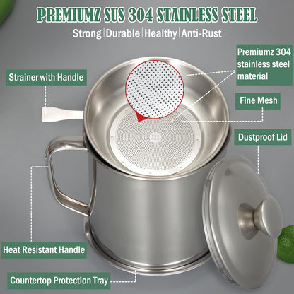 Tellshun Bacon Grease Container with Strainer 1.25 L / 42 oz Strong Kitchen Catcher Food-grade Stainless Steel Cooking Oil Keeper with Lid and Easy-Grip Handle Suitable for Storing Frying Oil