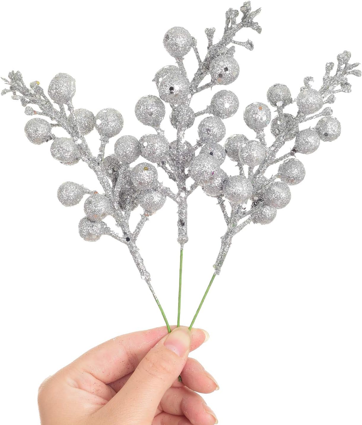 Lvydec 16pcs Christmas Glitter Berries Stems, 7.8" Artificial Picks for Christmas Tree Ornaments & DIY Wreath