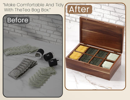 Danfoxer Acacia Wood Tea Bag Organizers, Tea and Sugar Packet Storage Chest with Lid, Wooden Teabag Holder Containers,Tea Box with 8 Compartments