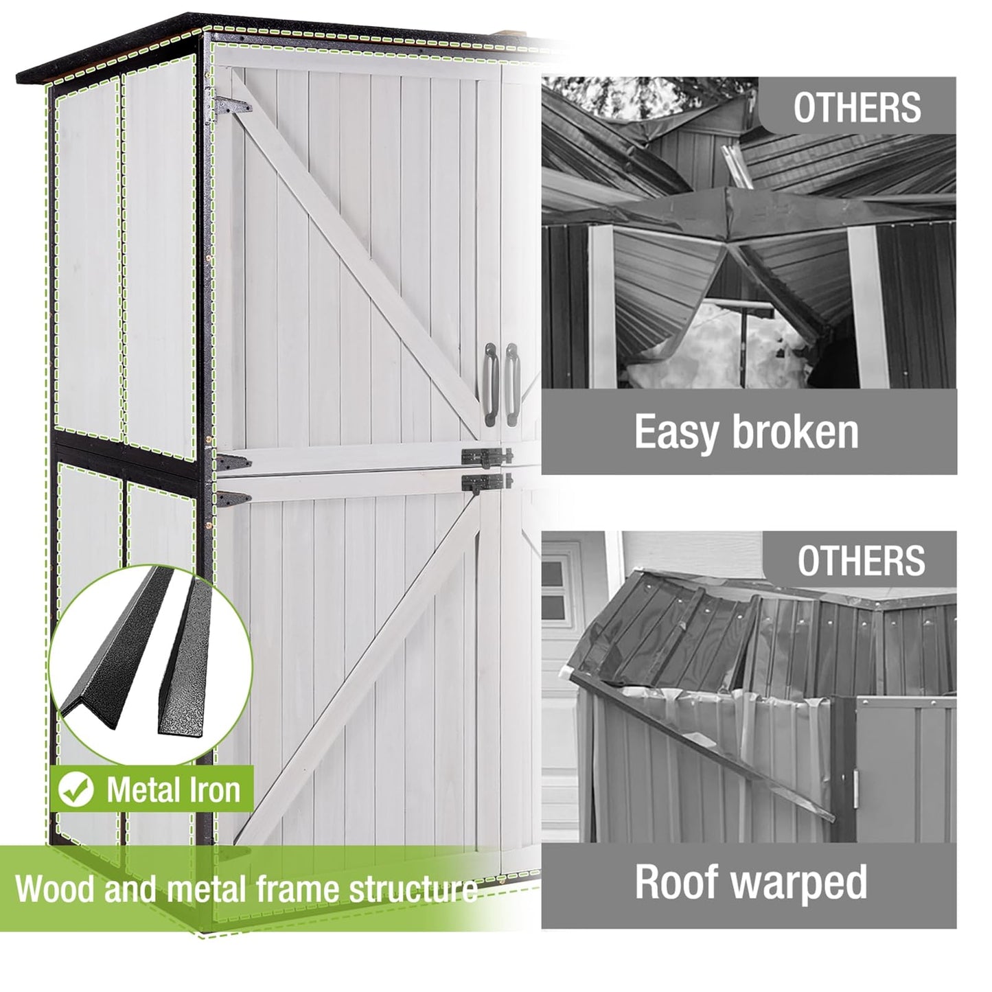 GUTINNEEN Outdoor Storage Shed with Metal Frame,Wooden Tool Cabinet with Adjustable Shelfs, House Garden Shed for Backyard Garden Patio Lawn