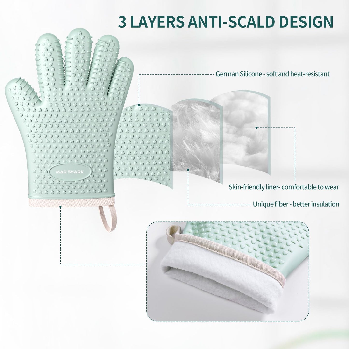 MAD SHARK Silicone Oven Mitts Heat Resistant 450 Degrees,Waterproof & Non-Slip Oven Gloves with Fingers,Cotton Lined Silicone Oven Gloves Kitchen Mitts for Baking Cooking Barbecue,Women (Green)