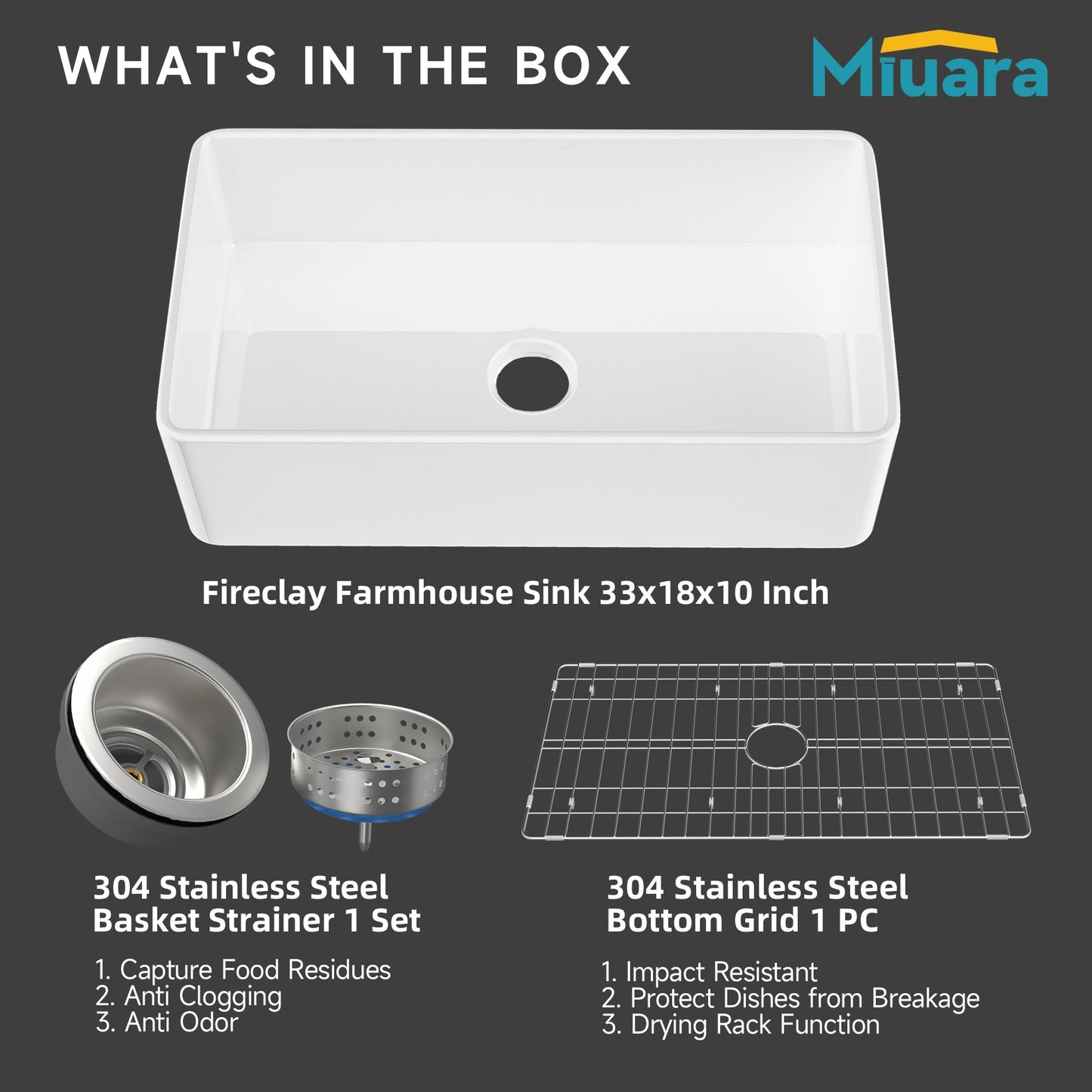 Miuara Farmhouse Sink 33 Inch - Apron Front Kitchen Sink Reversible 33"x18"x10", Undermount Installation, Farm House Style Single Bowl, Solid Fireclay, Glossy White, for Kitchen
