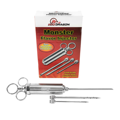 BBQ Dragon Meat Syringe Injector Kit - Stainless Steel Marinade Injector for Smoking Turkey & Brisket - Food Injector with 3 Needles for Liquid & Chunky Marinades - Flavor Injector for Meat & Poultry