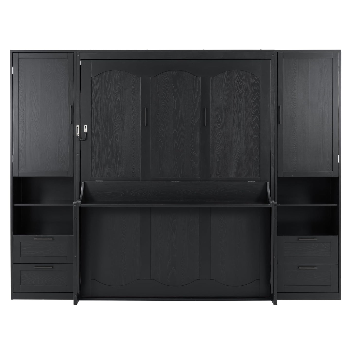 Merax Queen Size Murphy Bed with Desk, Multifunctional Foldable Wall Bed with Closet, Drawers and Shelves, Space-Saving Wood Bed Frame for Small Space Studio Study Office Guest Room, Black(Oak Veneer)