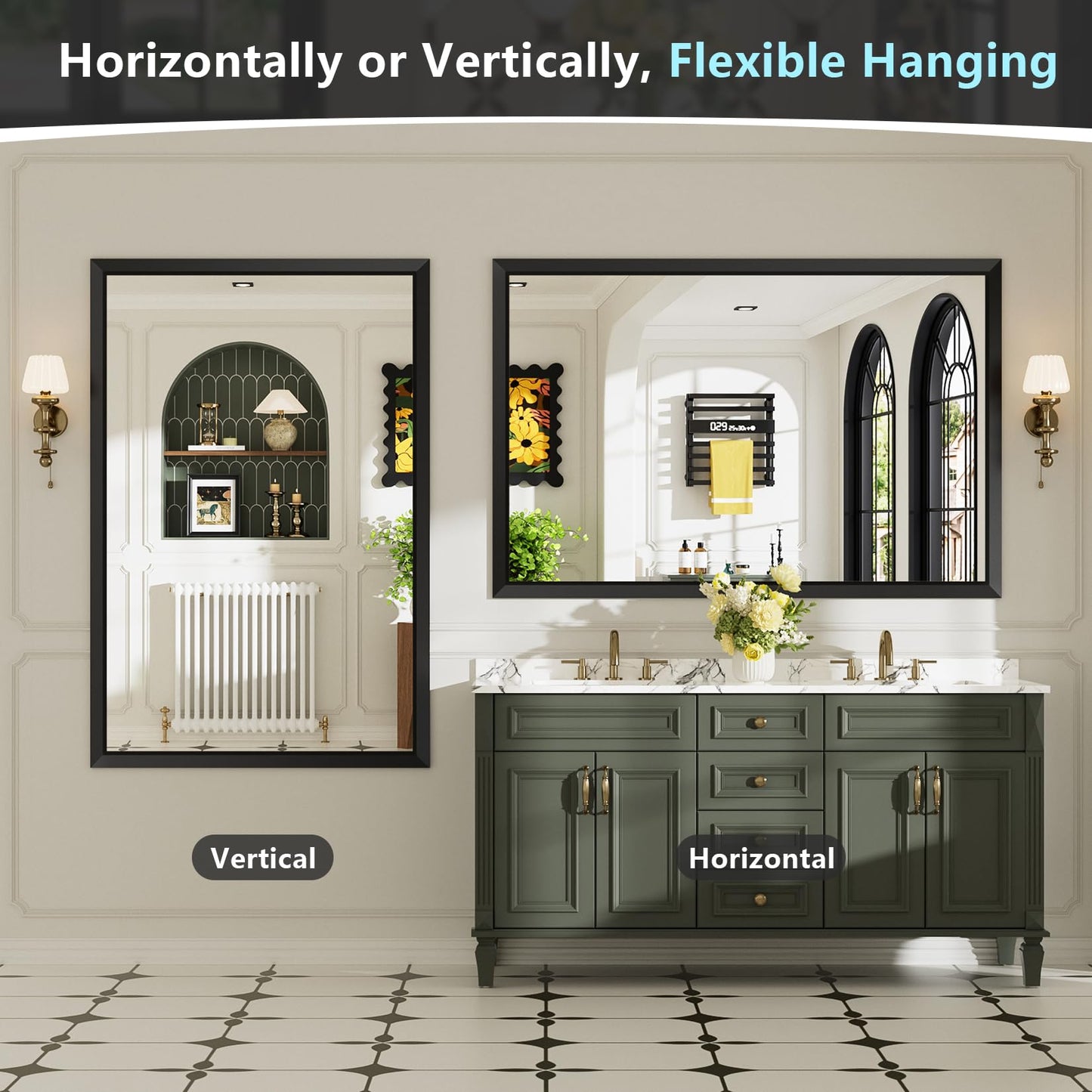 AWANDEE 72x32 Inch Black Bathroom Mirror for Wall, Beveled Framed Rectangle Bathroom Vanity Mirrors for Over Sink, Bedroom, Living Room, Entryway, Anti-Rust, HD Tempered Glass, Horizontally/Vertically