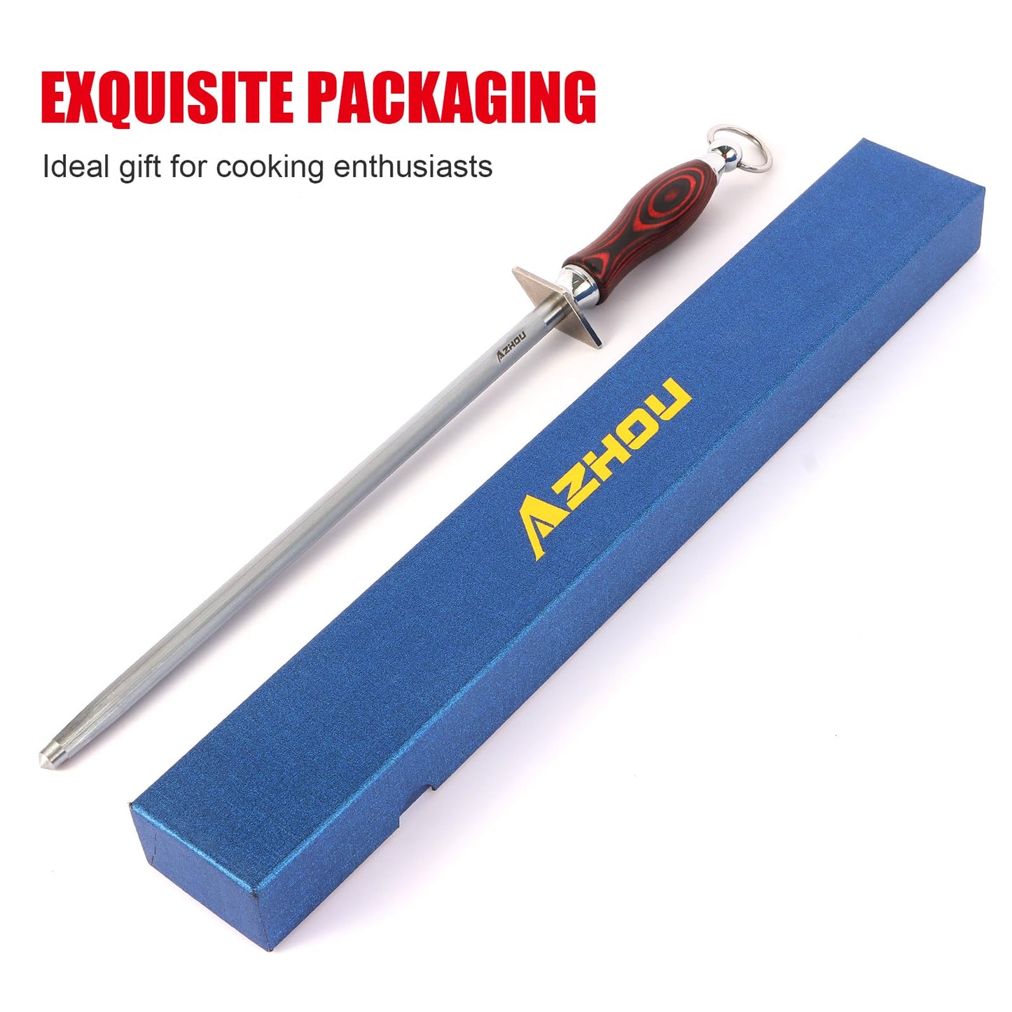 Azhou 12" Professional Knife Sharpener Steel Rod - High Carbon Steel (HRC 63), Fine 200 Grit for Kitchen & Chef Knives, Easy to Use with Non-Slip Wooden Handle & Gift Box