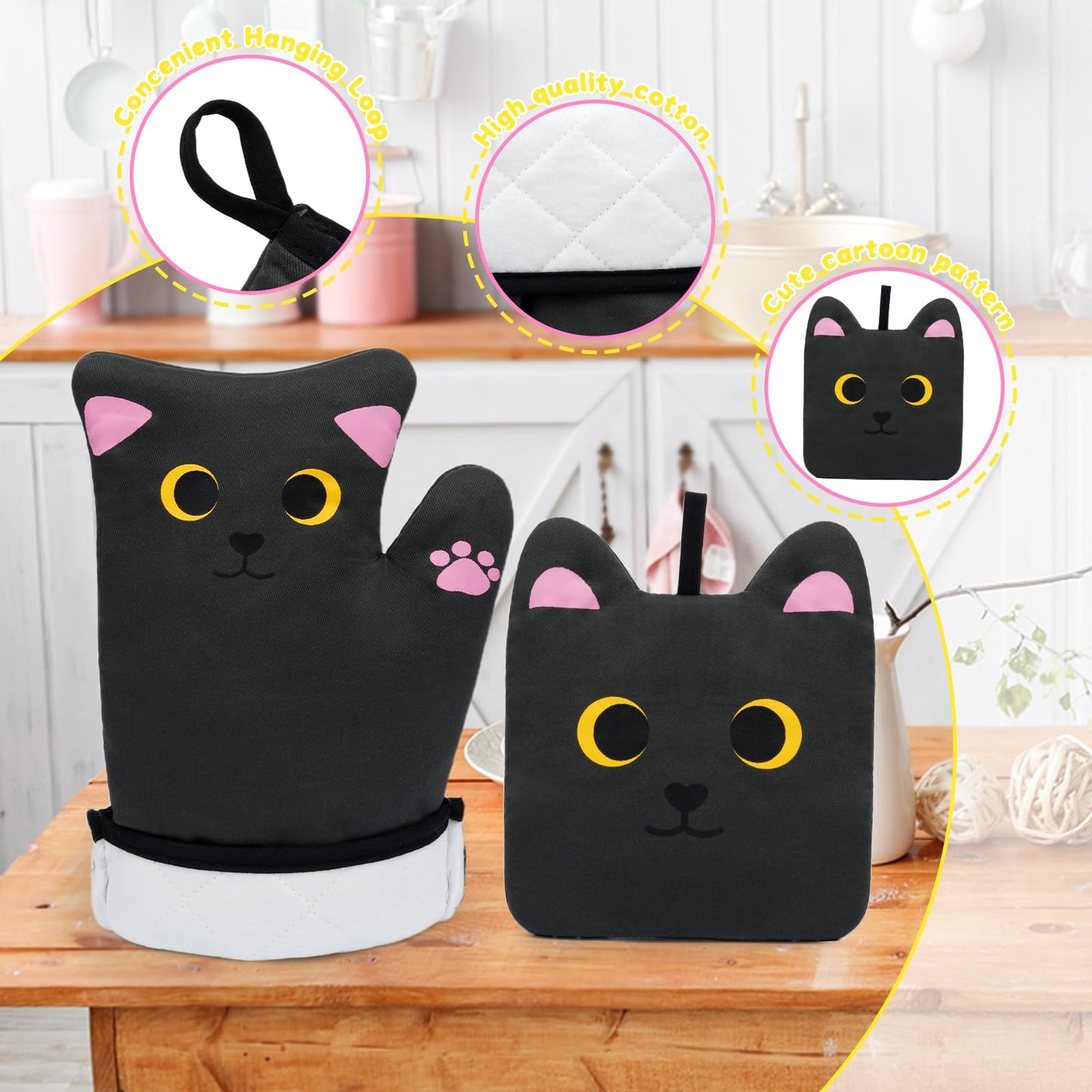 NIGOWAYS Oven Mitts,Cute Cat Design Cooking Glove,Quilted Cotton Lining,Heat Resistant Oven Mitts And Pot Holders Sets For Baking,Microwave,Cute Mitts Gift For Mom,Housewarming(Black)