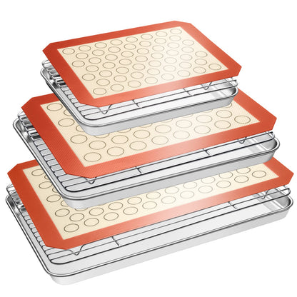 Baking Sheet Tray Cooling Rack with Silicone Baking Mat Set, Stainless Steel Cookie Pan For Oven, Set of 9 (3 Sheets + 3 Racks + 3 Mats), Warp Resistant & Heavy Duty & Easy Clean, Red