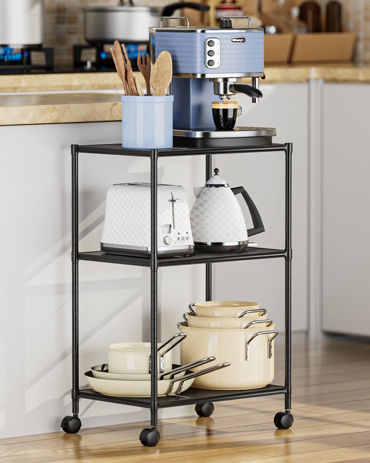 OVICAR 3-Tier Wire Storage Shelves, Adjustable Shelving Units with Wheels for Kitchen Pantry, Bathroom, Garage