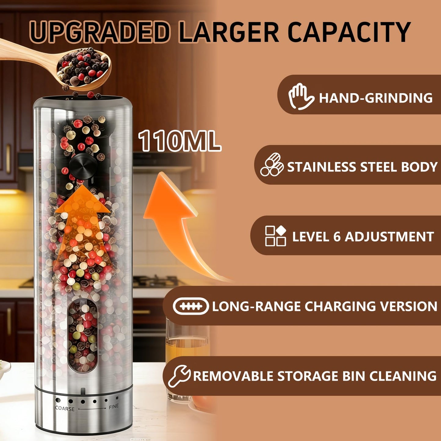 RYALNTC Electric Salt and Pepper Grinder Set with Rechargeable Base Upgraded Stainless Steel Automatic Salt and Pepper Shakers,Upgraded 2-Speed Setting,External 6 Adjustable Coarseness with LED Light