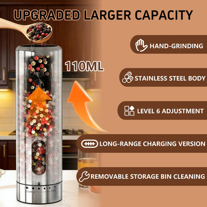 RYALNTC Electric Salt and Pepper Grinder Set with Rechargeable Base Upgraded Stainless Steel Automatic Salt and Pepper Shakers,Upgraded 2-Speed Setting,External 6 Adjustable Coarseness with LED Light