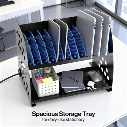 POCHAR 10-Device Charging Station for Chromebook, Tablet - Laptop Storage Rack with Storage Space, Multi-Device Charging Organizer for Classroom, Office, Hospital