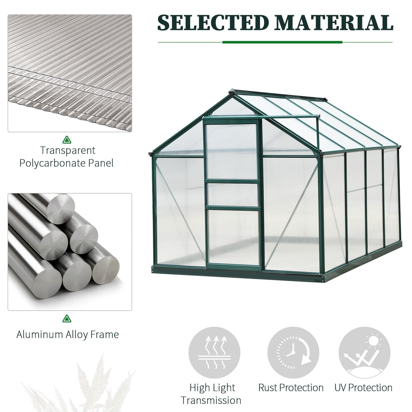 Outsunny 6' x 8' Greenhouse for Outdoors, Polycarbonate Greenhouse with Rain Gutter and Roof Vent, Aluminum Walk-in Green Houses with Push Door for Outside for Patio Backyard Garden, Dark Green