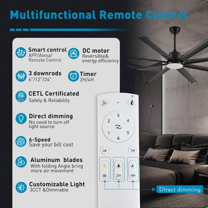 72 lnch lndustrial Smart Celing Fan with Light and Remote Control via WIFI Alexa,Large Celing Fan with 8 Black Aluminum Blades,6 Speed Noiseless DC Motor,Indoor Outdoor Ceiling Fans for Patio Garage