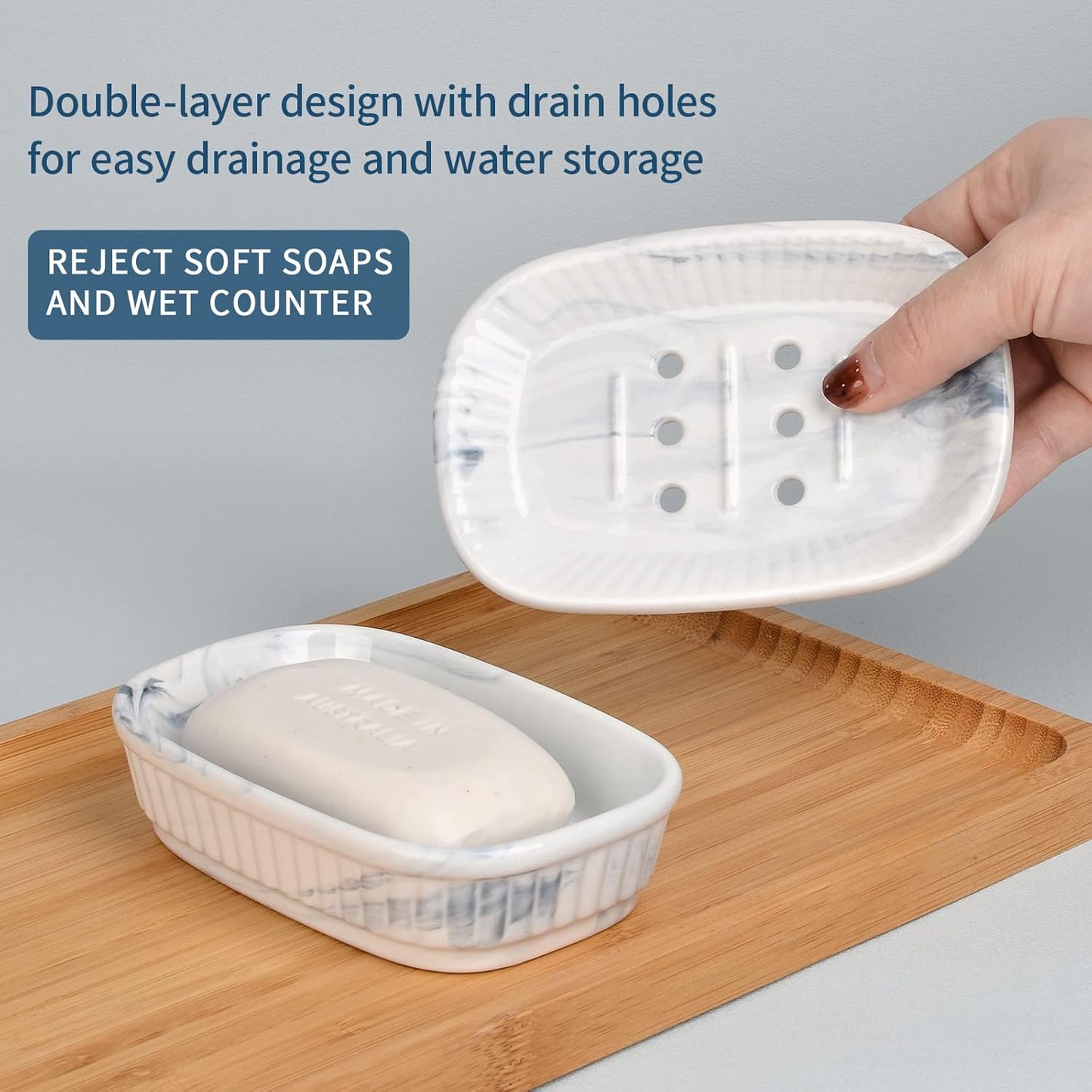 Ceramic Soap Dish, Self-Draining Soap Holder, Double Layer Marble Blue, Easy to Clean