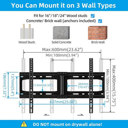 HOME VISION Heavy Duty TV Wall Mount - Fits 32-86 Inch Flat Screens, Max VESA 600x400mm, Supports 165lbs