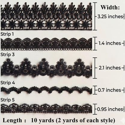 IDONGCAI 10 Yards Black Lace Trim Set for Sewing & Crafts – 5 Styles Lace Ribbon Bundle, Venise Lace Trim Elegant Lace Ribbon for Clothing Alterations & DIY Fashion(Black)
