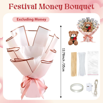 Mimorou DIY Money Bouquet Kit with Teddy Bear, Graduation 2026 Gift, Cash Flower Bouquet Wrapping Set for Birthday, Anniversary Present for Wife Grandma(Floral Bear,Pink Gold)