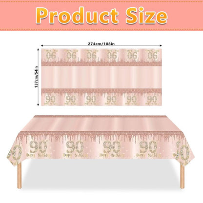 Poqirzan 2PCS Pink Rose Gold 90th Birthday Tablecloth 90th Birthday Table Cover Party Supplies Happy 90st Party Decorations for Women Plastic Disposable Gathering Table Cloth (54"x108")