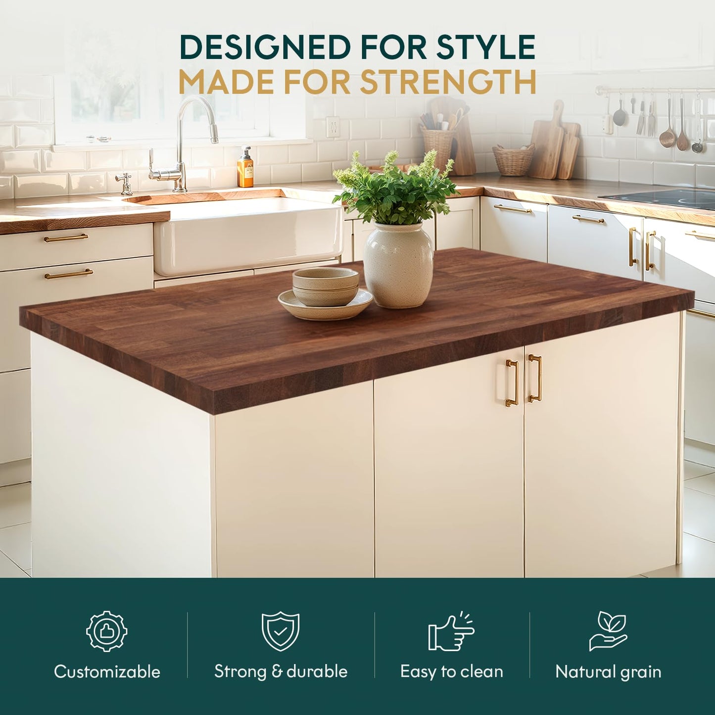 Bme Hevea Solid Wood Butcher Block Countertop, Wood Table Top, Butcher Block Desk Table Top for DIY Kitchen Island, Washer Dryer, or Workstation – Walnut - Finished - 60" L x 30" W x 1.5" Th
