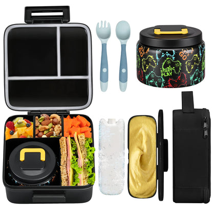 JXXM Bento Lunch Box for Kids With 8oz Soup thermo,Leak-proof Lunch Containers with 5 Compartment,thermo Food Jar and Lunch Bag, Food Containers for School (A-Black(Game Consoley))