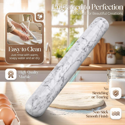 Flexzion French Rolling Pin, 12 Inch White Marble Rolling Pins for Baking with Wooden Base Holder Stand - Non-Stick Baking Roller for Baking Fondant, Crust, Pastry, Cookies, Pizza, Pasta