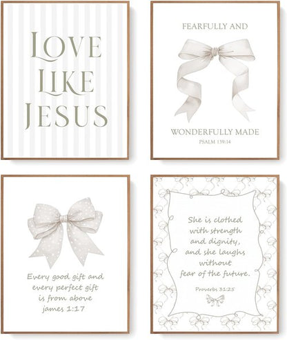 LARTSFRO Coquette Beige Bow Wall Art Decor - Inspirational Christian Posters for Teen Girls | Set of 4 Unframed 10x8 Inch