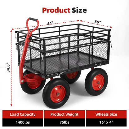 1400 lbs Steel Garden Cart, Heavy Duty Metal Yard Utility Wagon with Removable Mesh Sides, 2-in-1 180° Rotating Handle and 16 inch Wheels, Steel Utility Wagon Perfect for Garden, Farm, Yard