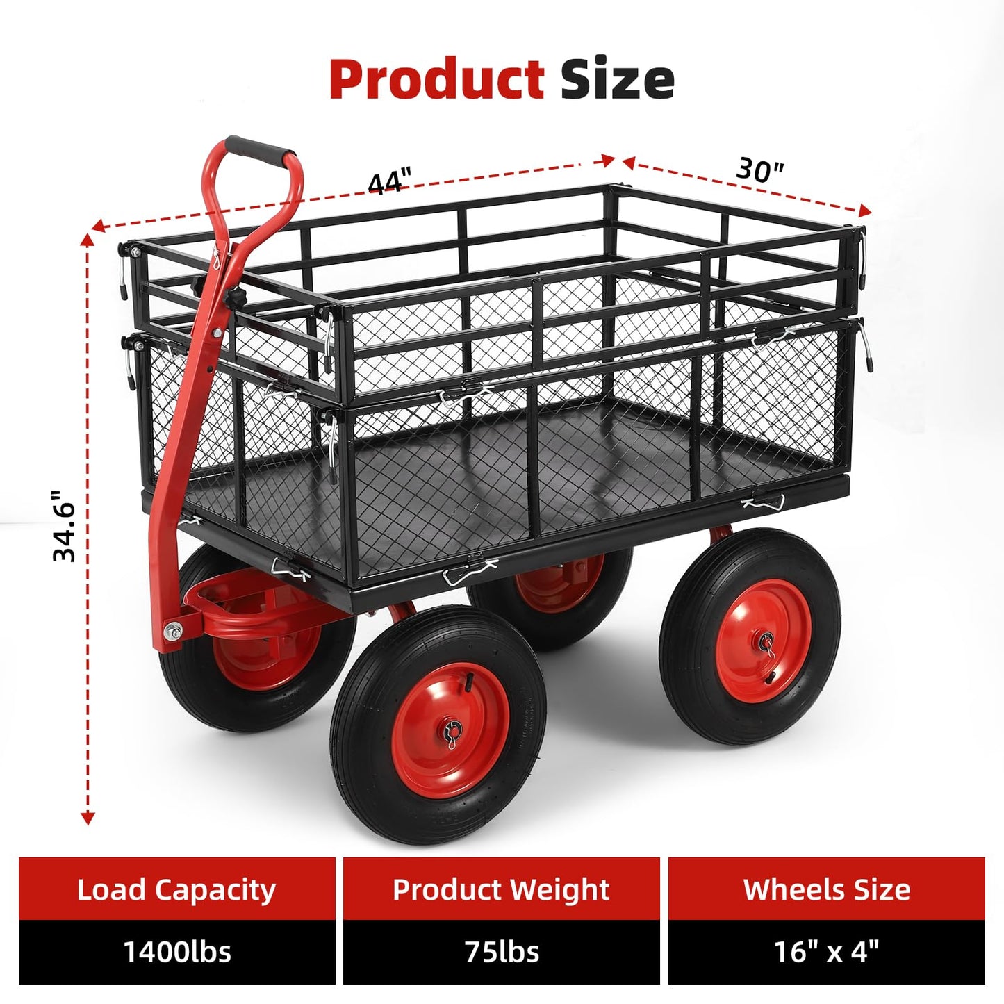 1400 LBS Steel Garden Yard Cart, Heavy-Duty Metal Garden Wagon Convertible 2-in-1 Handle and Removable Sides to Convert into Flatbed Lawn and Utility Wagons Cart