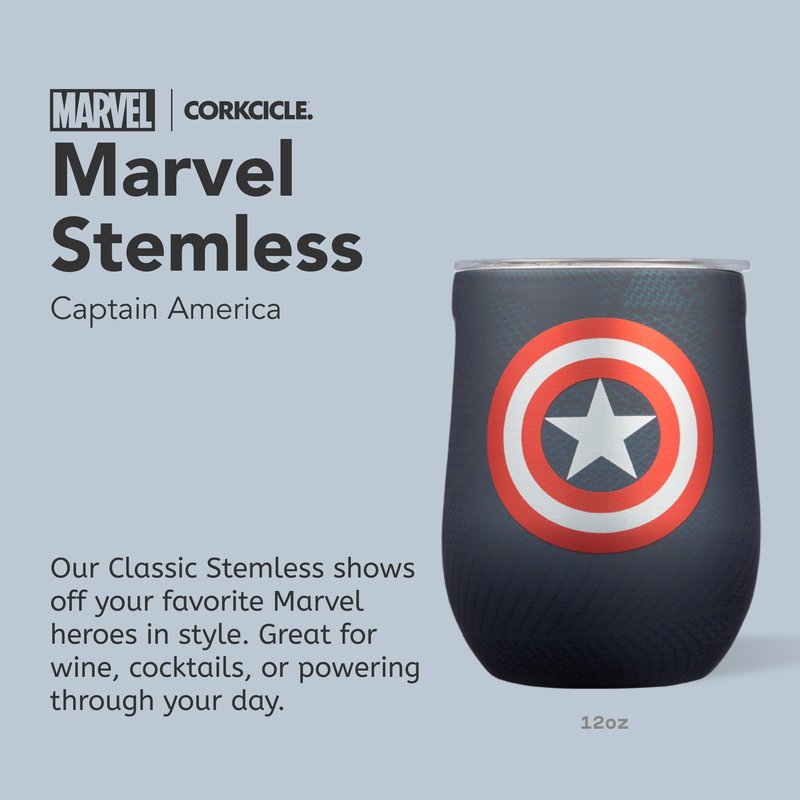 Corkcicle Stemless Insulated Wine Glass Tumbler - Keeps Beverages Cold 6 Hours & Hot 3 Hours - Stainless Steel - Easy-Grip - Summer Drinkware Gift - Keeps Drinks Ice Cold - 12 oz - Captain America